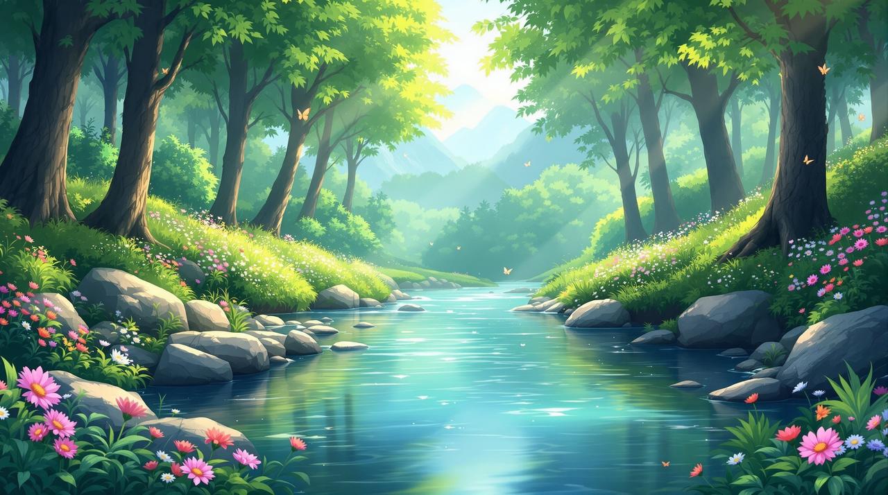 ai漫剧 - 清澈甘甜的治愈剧场，山间清泉流淌在绿意盎然的森林中，晨光洒落，温暖治愈